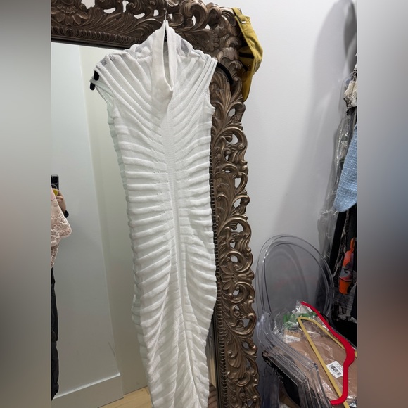 Atyfuniby Bodycon Crochet Knit Tube Sheer Stripe Mock Neck Midi Dress - Picture 5 of 6